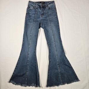 Judy Blue Super Flare Jeans Juniors Size1 Blue Medium Wash Raw Hem Stretch Denim